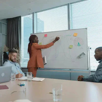 Business meeting in a modern office, with a woman presenting on a whiteboard while colleagues listen attentively.