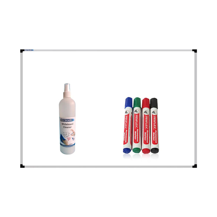 A Bestboard whiteboard with 4 non permanent marker pens and a bottle of cleaning fluid.