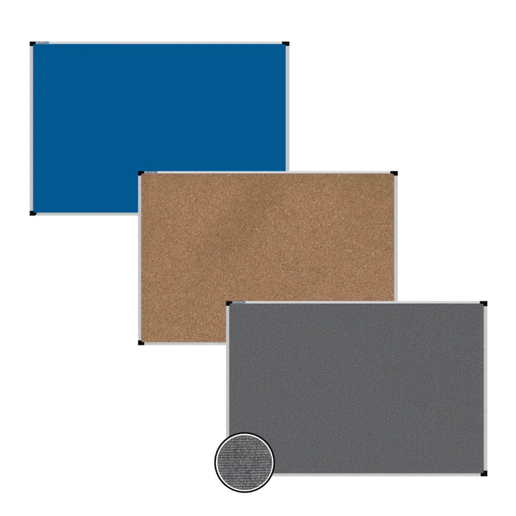 blue felt pinboard next to a cork pin board next to a grey carpet pin board