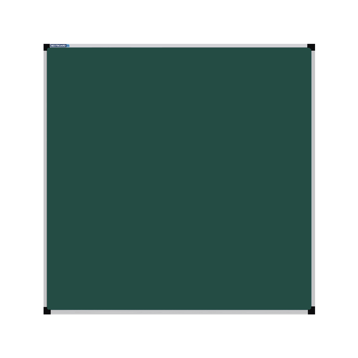 A square green chalkboard with a silver frame. The corners of the frame are reinforced with black plastic. The chalkboard has a tray at the bottom for holding chalk and erasers.