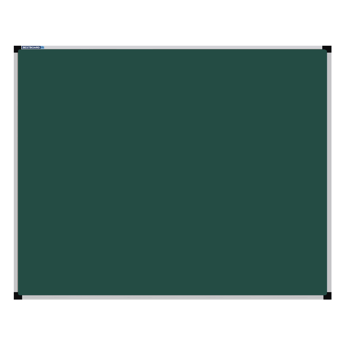 his image shows a rectangular green chalkboard with a silver frame. The corners of the frame are reinforced with black plastic. The chalkboard has a tray at the bottom for holding chalk and erasers
