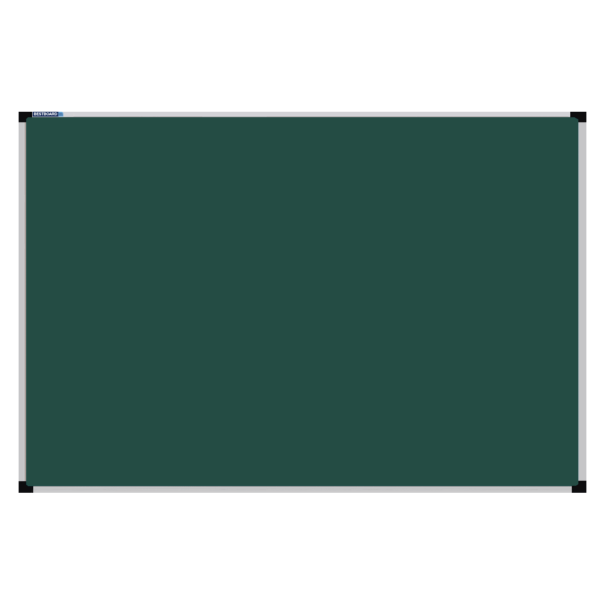 This image shows a rectangular green chalkboard with a silver frame. The corners of the frame are reinforced with black plastic. The chalkboard has a tray at the bottom for holding chalk and erasers.