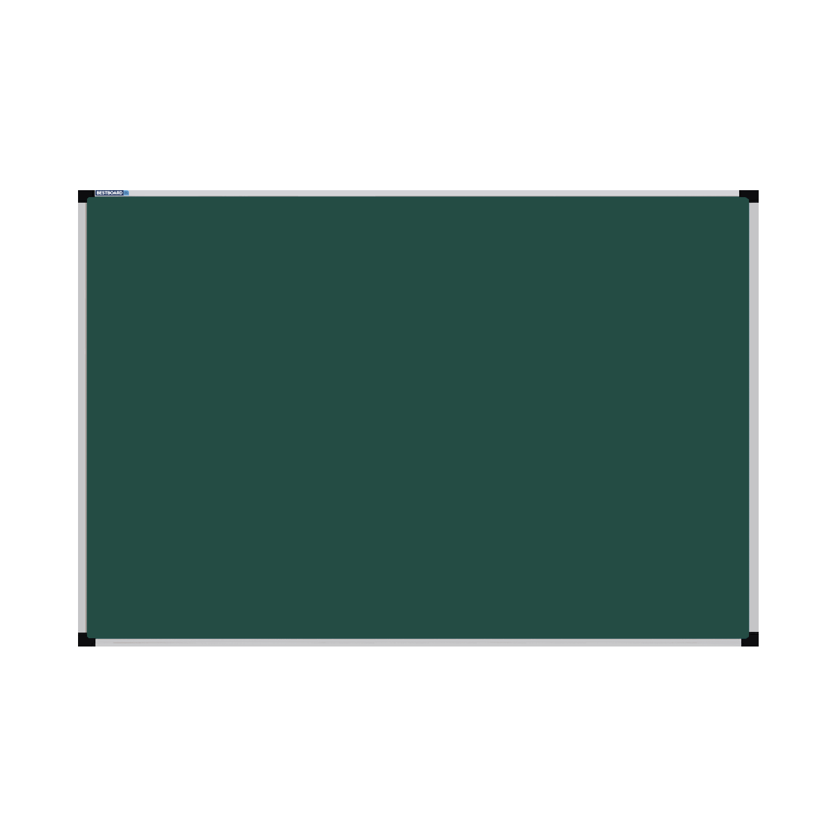 This image shows a rectangular green chalkboard with a silver frame. The corners of the frame are reinforced with black plastic. The chalkboard has a tray at the bottom for holding chalk and erasers.