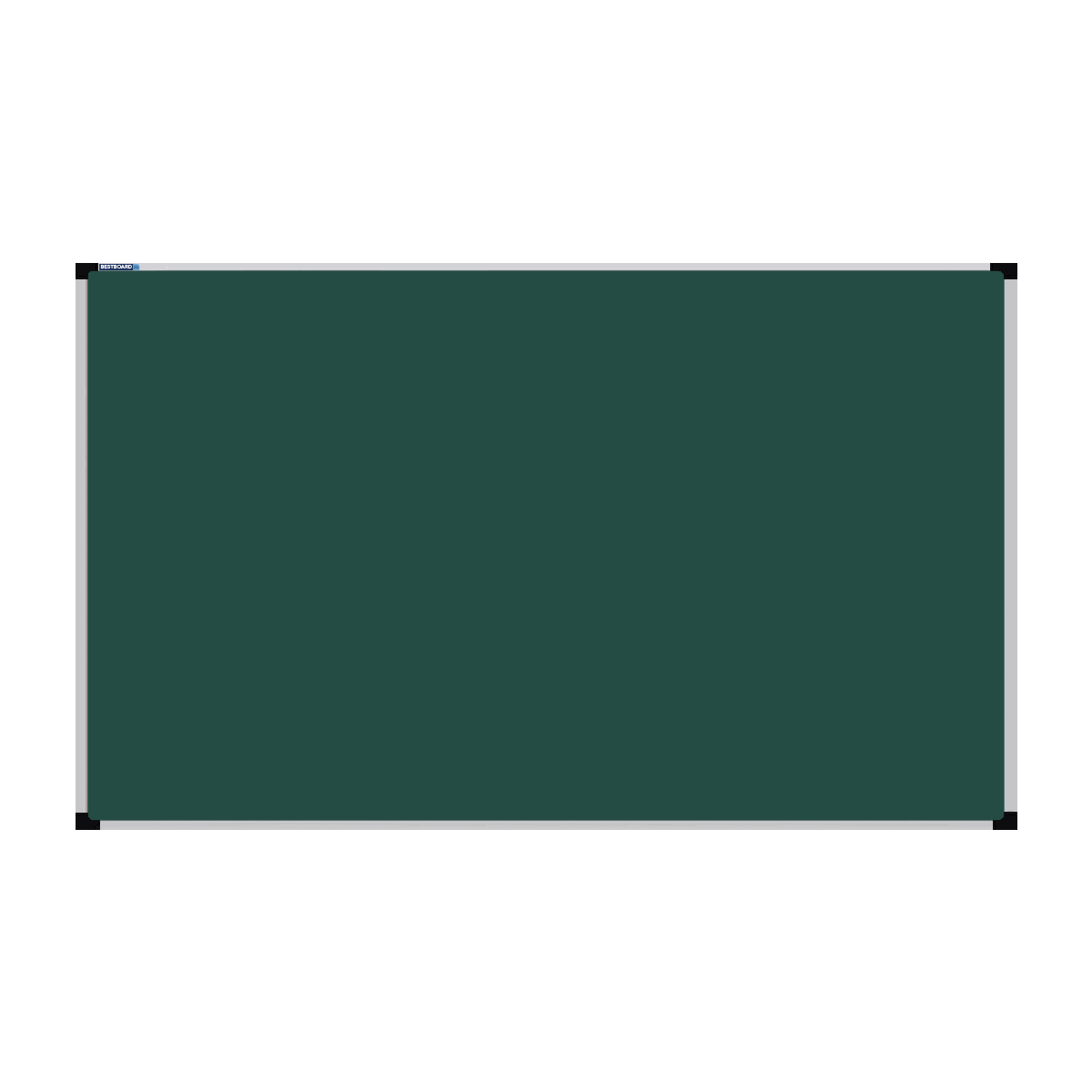 This image shows a rectangular green chalkboard with a silver frame. The corners of the frame are reinforced with black plastic. The chalkboard has a tray at the bottom for holding chalk and erasers.