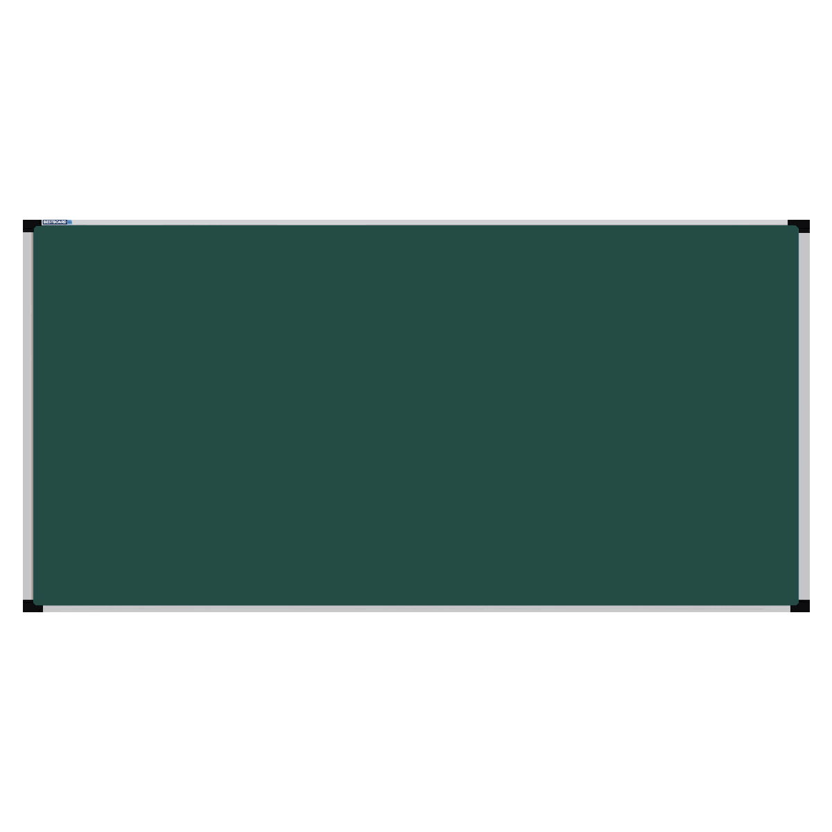 This image shows a rectangular green chalkboard with a silver frame. The corners of the frame are reinforced with black plastic. The chalkboard has a tray at the bottom for holding chalk and erasers.