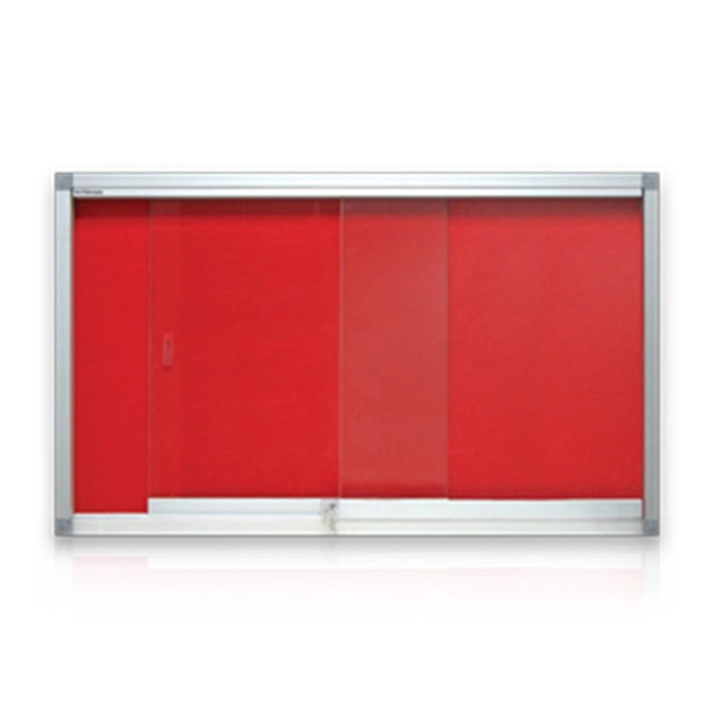 A lockable aluminium cabinet pin board with red felt surface and clear glass panels, with a silver aluminium frame.