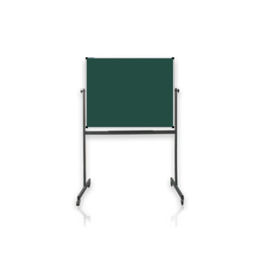 Reversible mobile chalkboard with metal frame on wheeled stand. Double-sided design for expanded presentation space in classrooms and meetings.