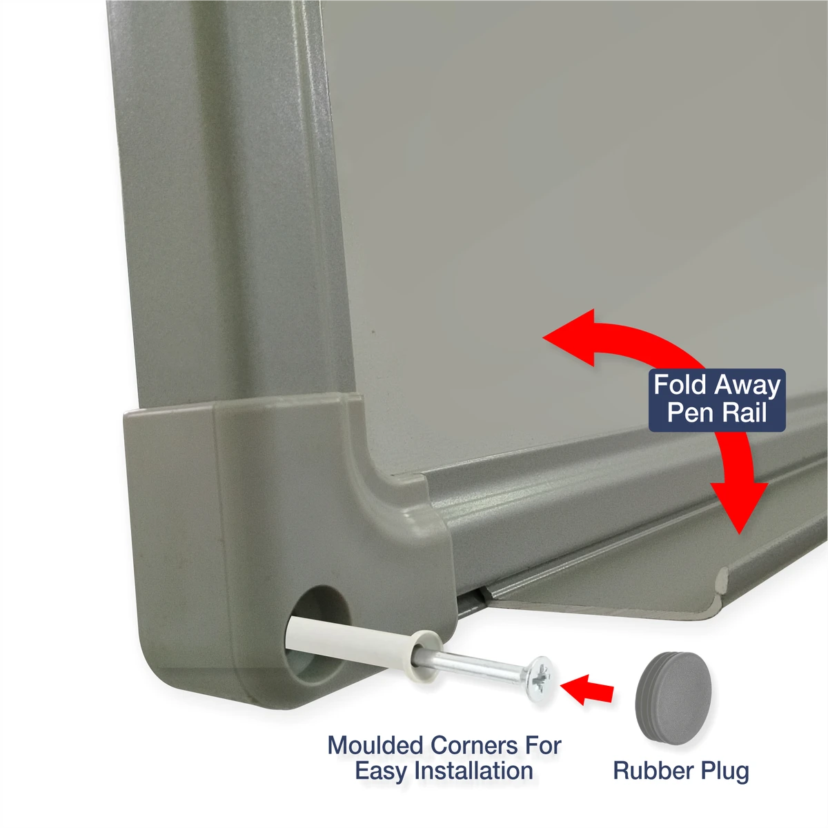 Whiteboard with fold-away pen rail, molded corners, screw and rubber plug for easy installation
