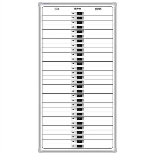 Whiteboard with time tracking for 30 people, with in / out labels on a white background