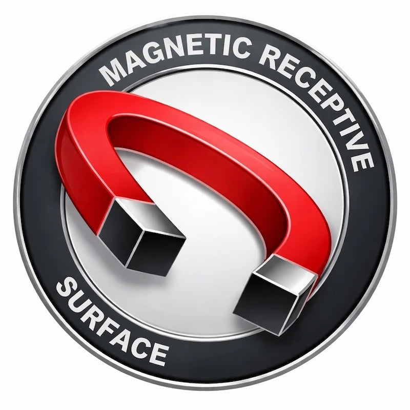 image with a red and black magnet design on a white background saying Magnetic receptive surface