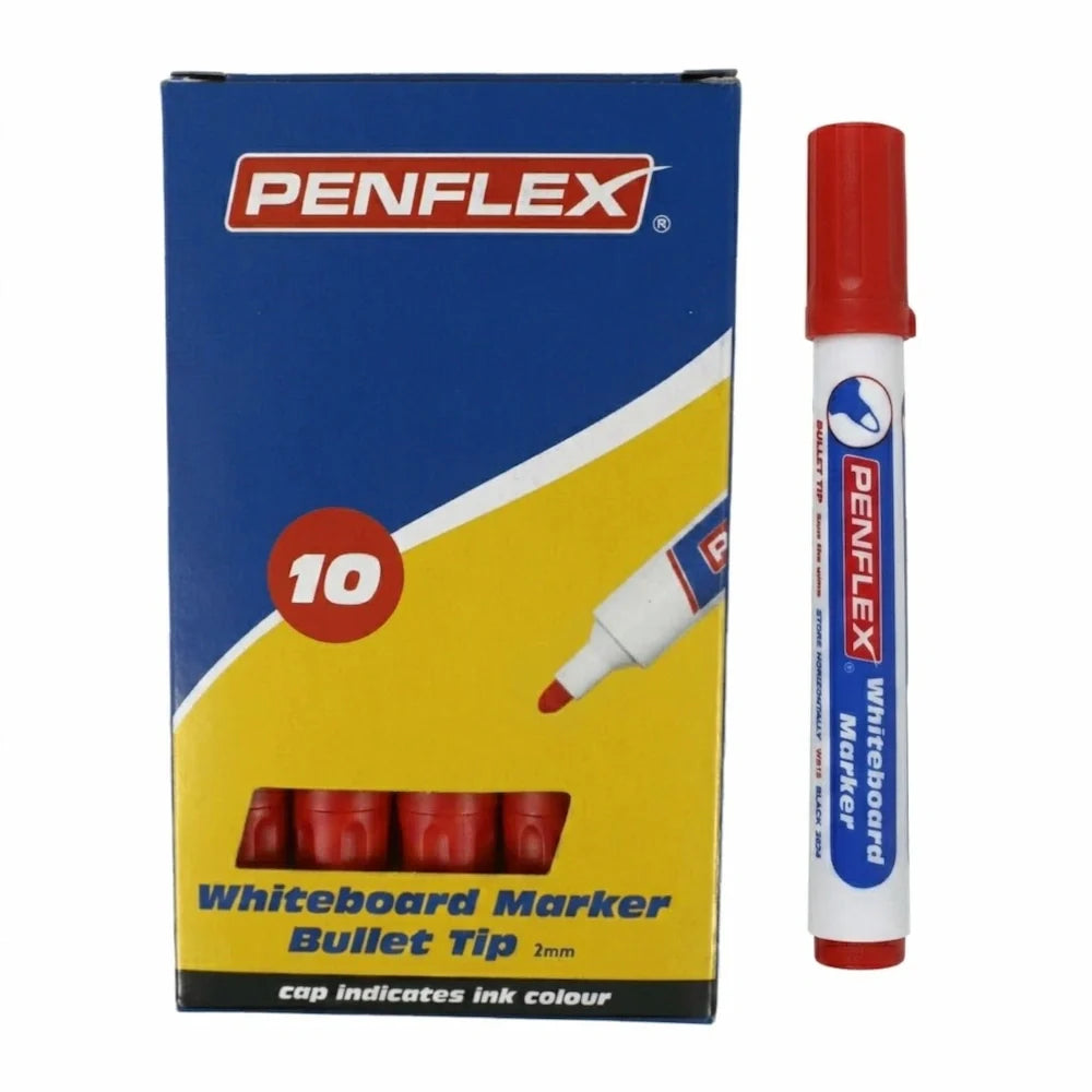 Box of 10 Red whiteboard markers alongside a single marker showing a red cap and end plug