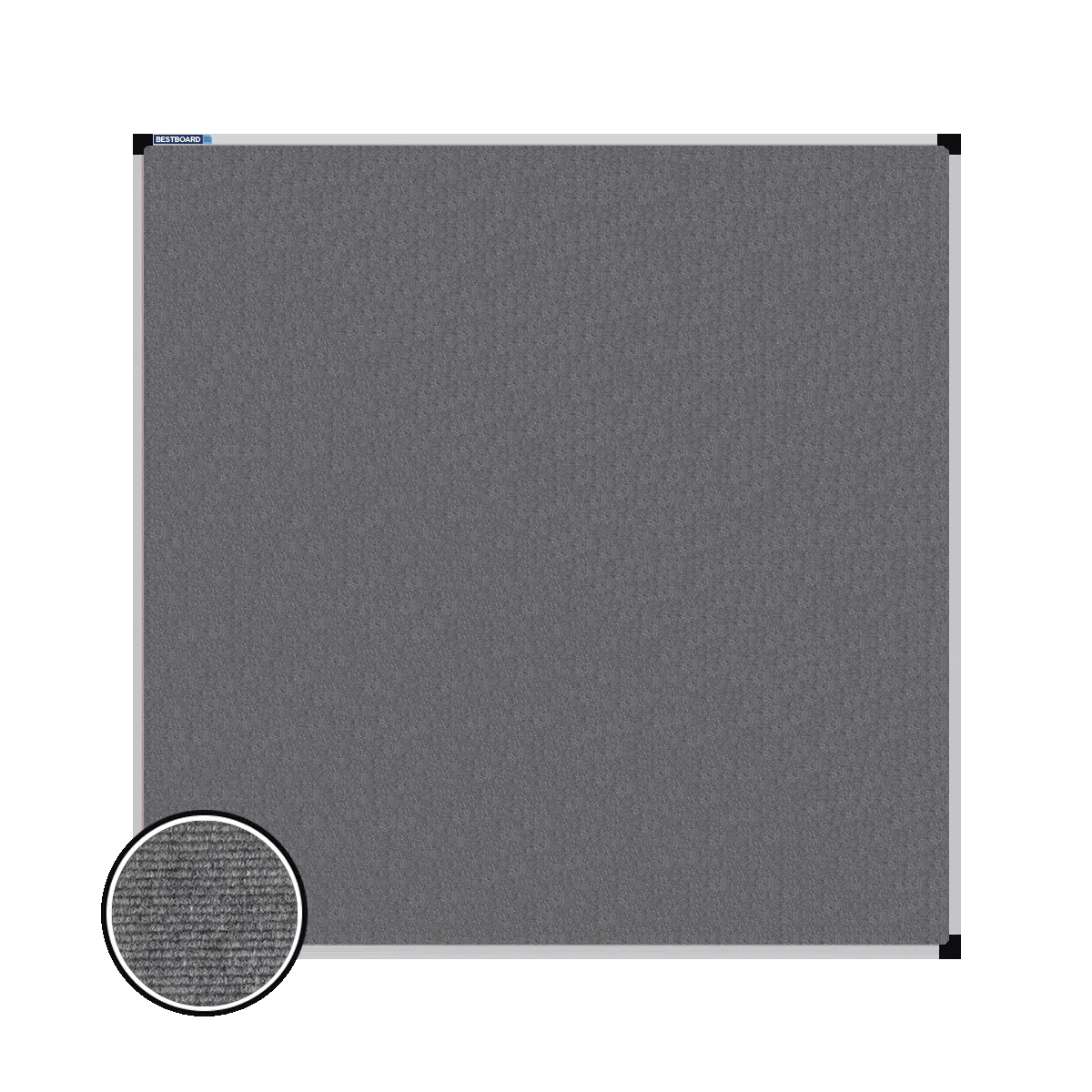 This image shows a square carpet pin board with a silver frame. The corners of the frame are reinforced with black plastic. A close-up inset in the bottom-left corner highlights the detailed woven texture of the material