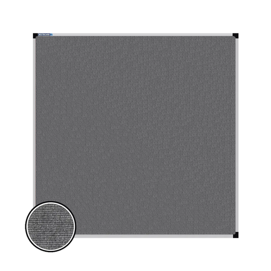 This image shows a square  carpet pin board  with a silver frame. The corners of the frame are reinforced with black plastic. A close-up inset in the bottom-left corner highlights the detailed woven texture of the material