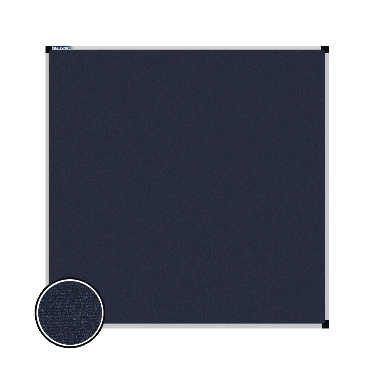 This image shows a square carpet pin board with a silver frame. The corners of the frame are reinforced with black plastic. A close-up inset in the bottom-left corner highlights the detailed woven texture of the material