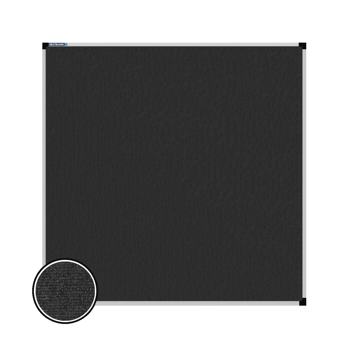 This image shows a square carpet pin board with a silver frame. The corners of the frame are reinforced with black plastic. A close-up inset in the bottom-left corner highlights the detailed woven texture of the material
