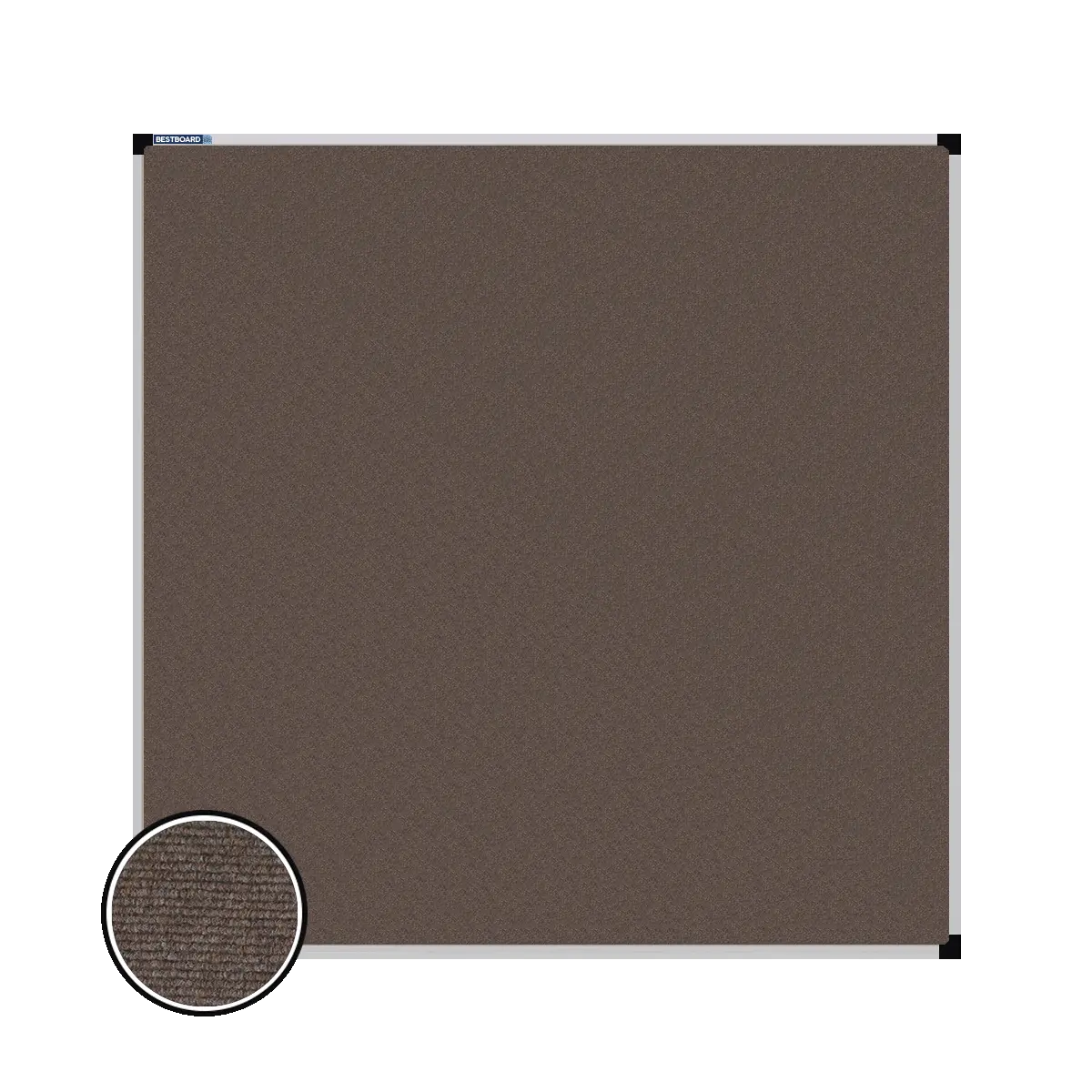 This image shows a square carpet pin board with a silver frame. The corners of the frame are reinforced with black plastic. A close-up inset in the bottom-left corner highlights the detailed woven texture of the material