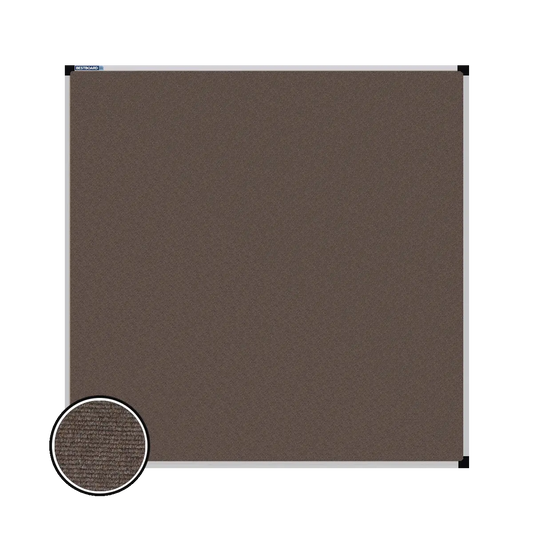 This image shows a square  carpet pin board  with a silver frame. The corners of the frame are reinforced with black plastic. A close-up inset in the bottom-left corner highlights the detailed woven texture of the material