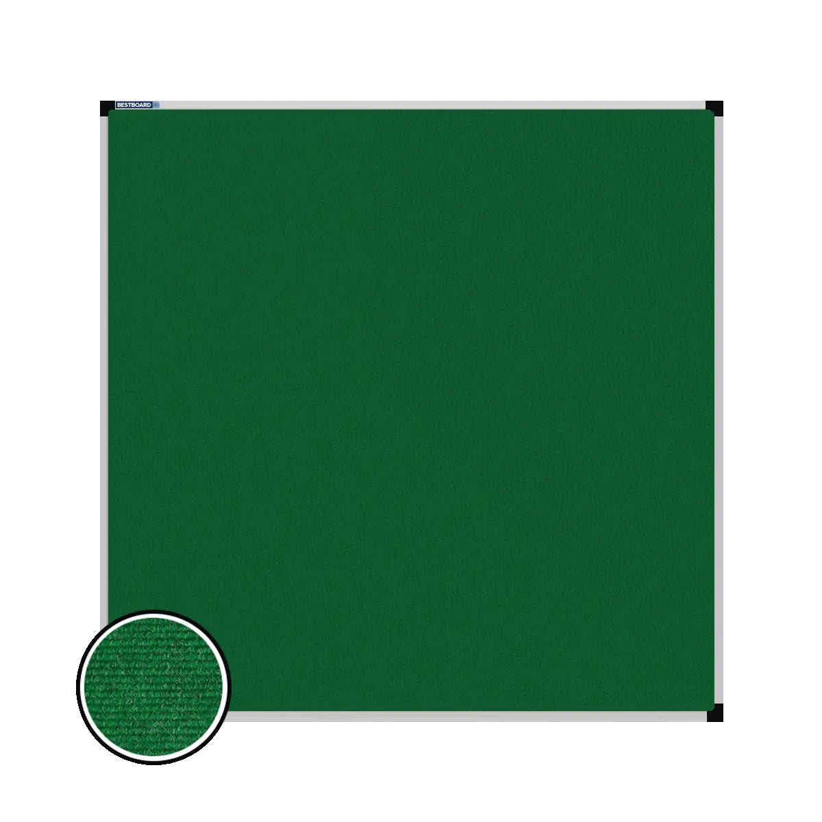 This image shows a square carpet pin board with a silver frame. The corners of the frame are reinforced with black plastic. A close-up inset in the bottom-left corner highlights the detailed woven texture of the material