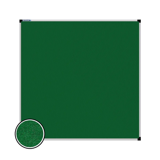 This image shows a square  carpet pin board  with a silver frame. The corners of the frame are reinforced with black plastic. A close-up inset in the bottom-left corner highlights the detailed woven texture of the material