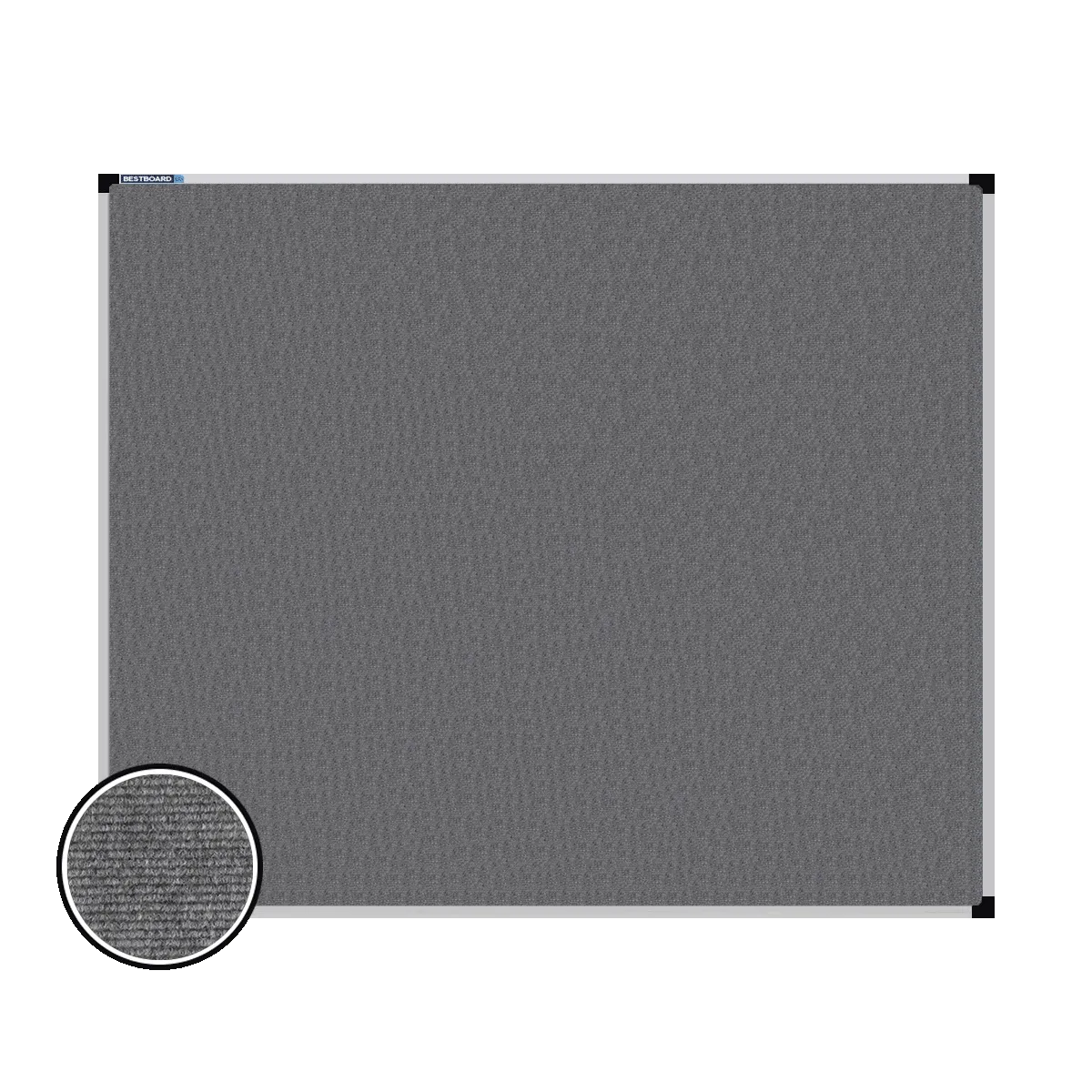 This image shows a rectangular carpet pin board with a silver frame. The corners of the frame are reinforced with black plastic. A close-up inset in the bottom-left corner highlights the detailed woven texture of the material