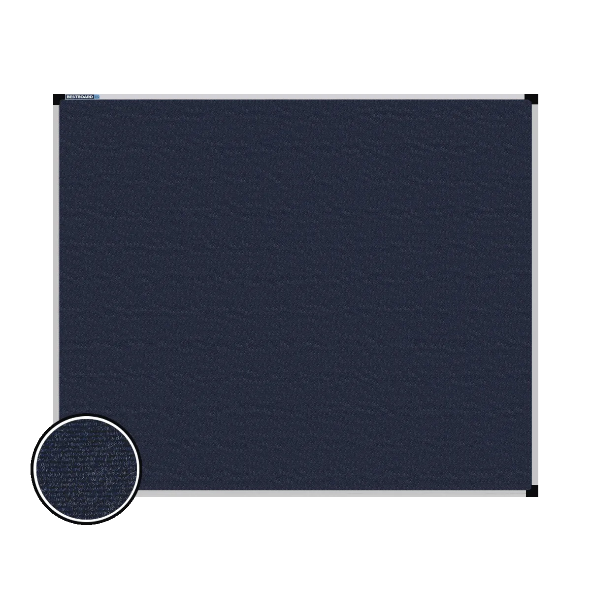 This image shows a rectangular carpet pin board with a silver frame. The corners of the frame are reinforced with black plastic. A close-up inset in the bottom-left corner highlights the detailed woven texture of the material