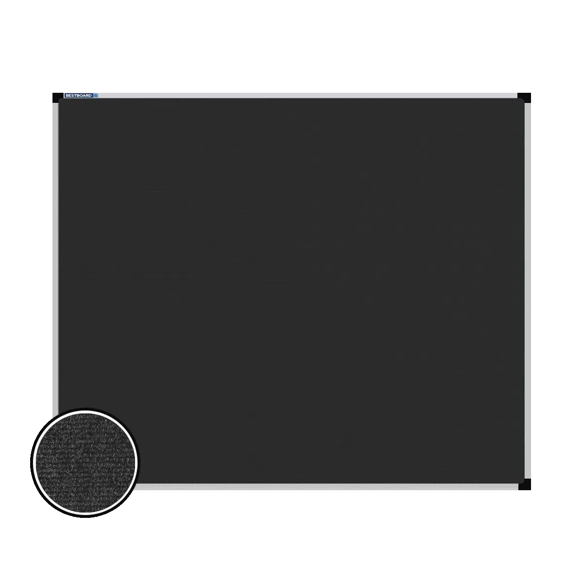 This image shows a rectangular carpet pin board with a silver frame. The corners of the frame are reinforced with black plastic. A close-up inset in the bottom-left corner highlights the detailed woven texture of the material