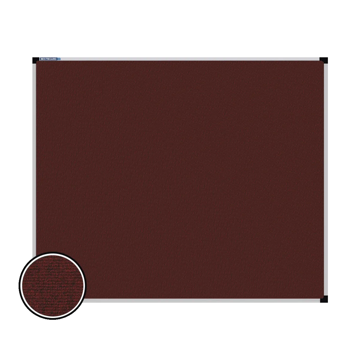 This image shows a rectangular carpet pin board with a silver frame. The corners of the frame are reinforced with black plastic. A close-up inset in the bottom-left corner highlights the detailed woven texture of the material