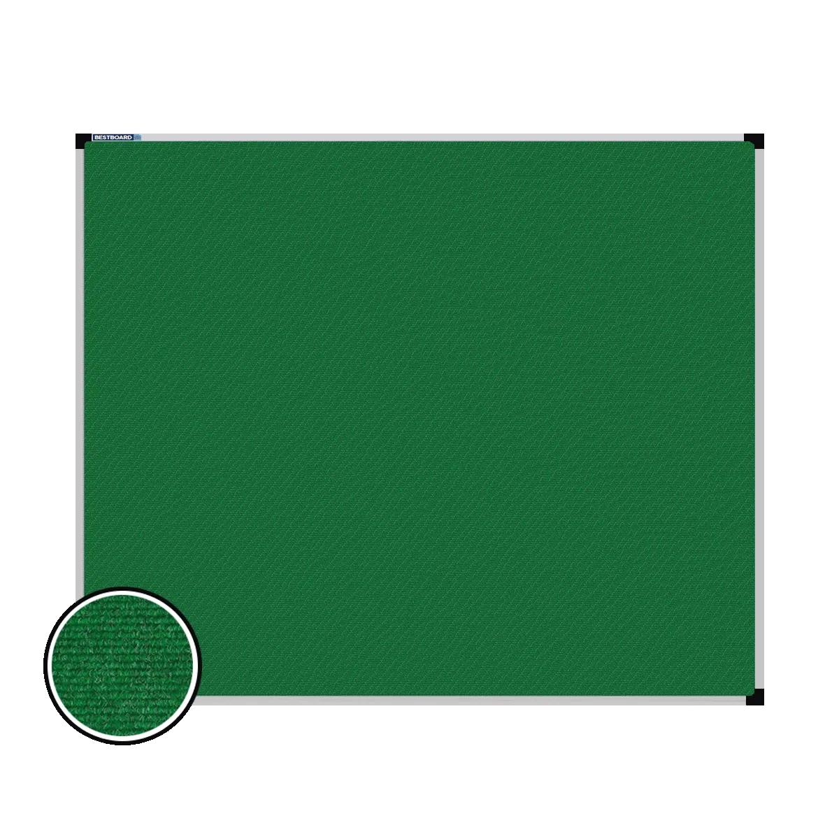 This image shows a rectangular carpet pin board with a silver frame. The corners of the frame are reinforced with black plastic. A close-up inset in the bottom-left corner highlights the detailed woven texture of the material