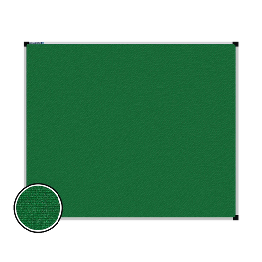 This image shows a rectangular carpet pin board  with a silver frame. The corners of the frame are reinforced with black plastic. A close-up inset in the bottom-left corner highlights the detailed woven texture of the material