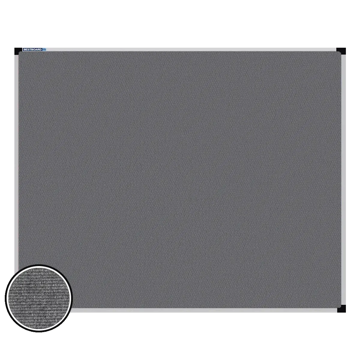 This image shows a rectangular carpet pin board with a silver frame. The corners of the frame are reinforced with black plastic. A close-up inset in the bottom-left corner highlights the detailed woven texture of the material