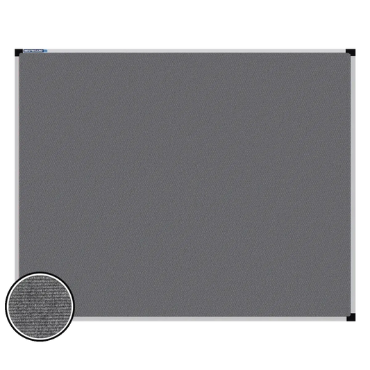 This image shows a rectangular carpet pin board  with a silver frame. The corners of the frame are reinforced with black plastic. A close-up inset in the bottom-left corner highlights the detailed woven texture of the material