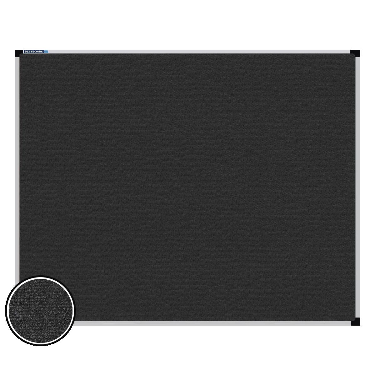 This image shows a rectangular carpet pin board with a silver frame. The corners of the frame are reinforced with black plastic. A close-up inset in the bottom-left corner highlights the detailed woven texture of the material