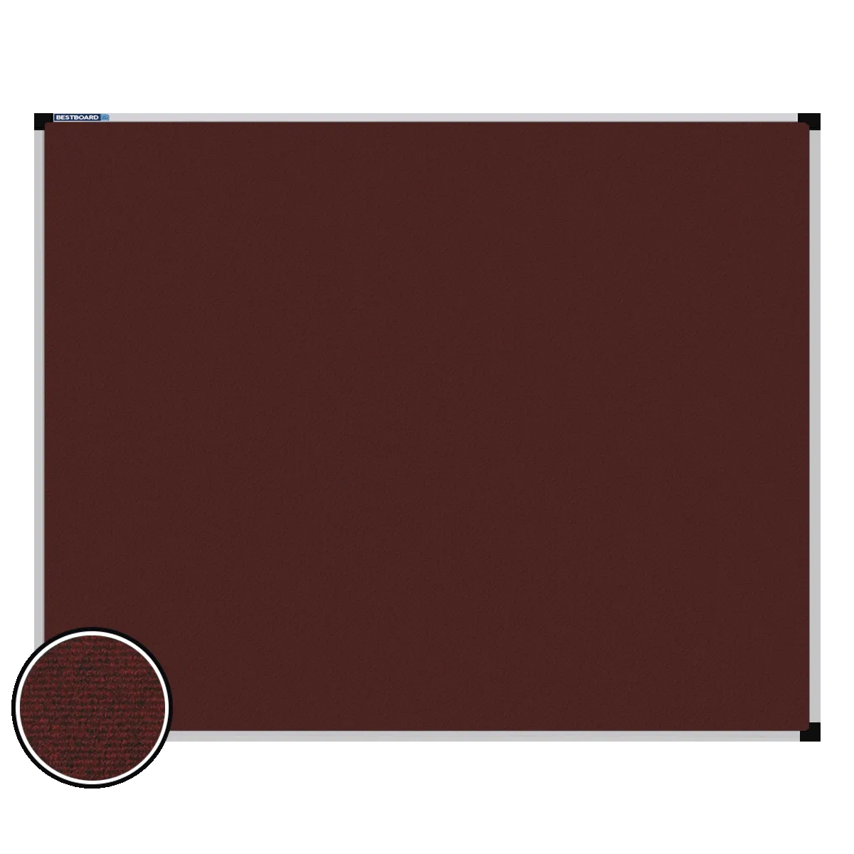 This image shows a rectangular carpet pin board with a silver frame. The corners of the frame are reinforced with black plastic. A close-up inset in the bottom-left corner highlights the detailed woven texture of the material