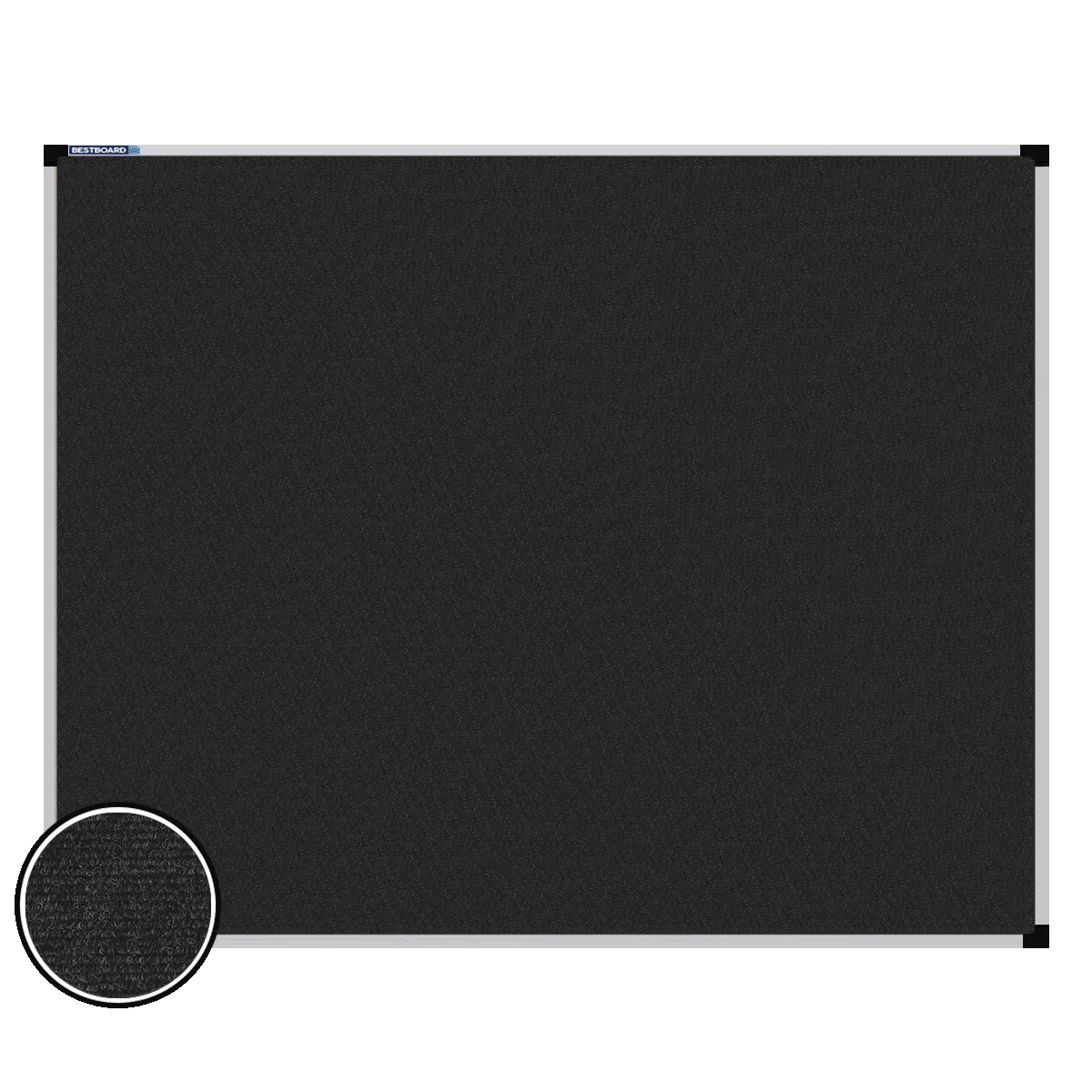 This image shows a rectangular carpet pin board  with a silver frame. The corners of the frame are reinforced with black plastic. A close-up inset in the bottom-left corner highlights the detailed woven texture of the material