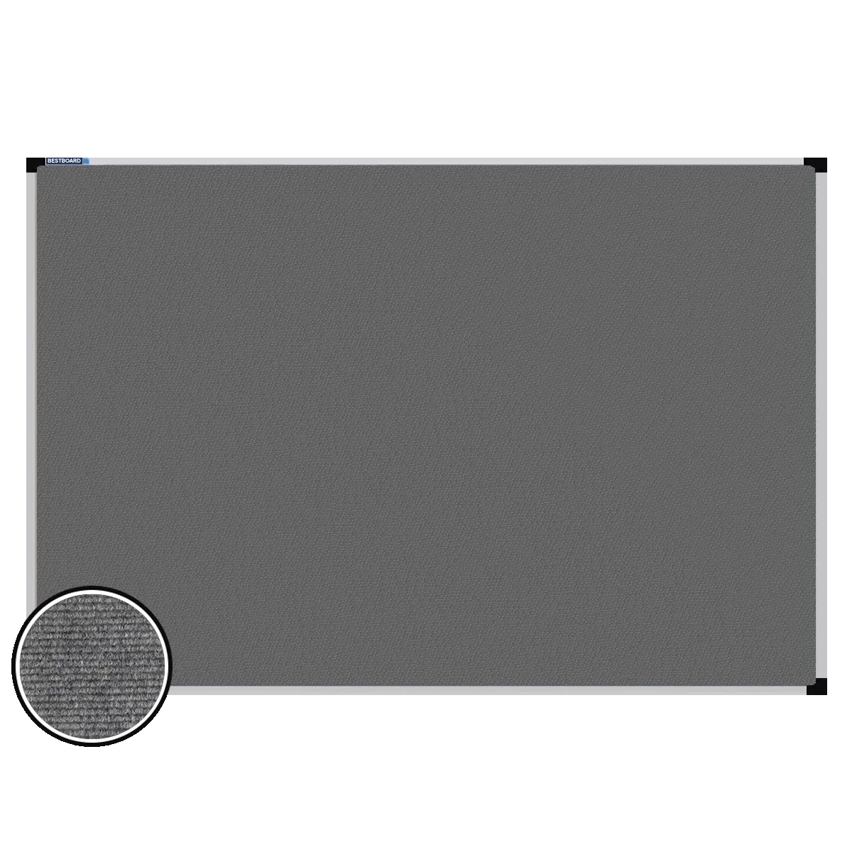 This image shows a rectangular carpet pin board with a silver frame. The corners of the frame are reinforced with black plastic. A close-up inset in the bottom-left corner highlights the detailed woven texture of the material
