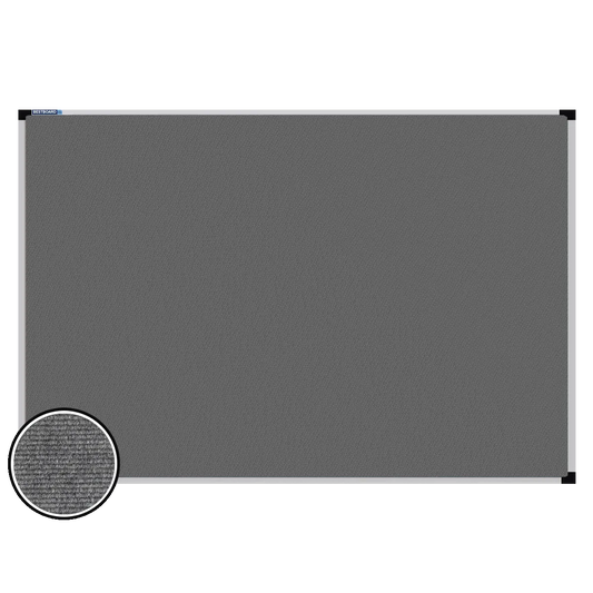 This image shows a rectangular carpet pin board  with a silver frame. The corners of the frame are reinforced with black plastic. A close-up inset in the bottom-left corner highlights the detailed woven texture of the material
