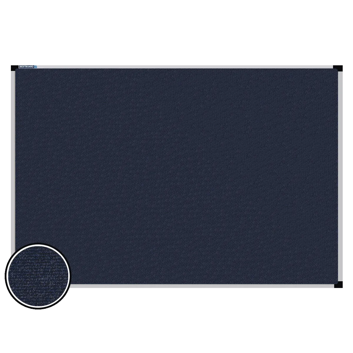 This image shows a rectangular carpet pin board with a silver frame. The corners of the frame are reinforced with black plastic. A close-up inset in the bottom-left corner highlights the detailed woven texture of the material