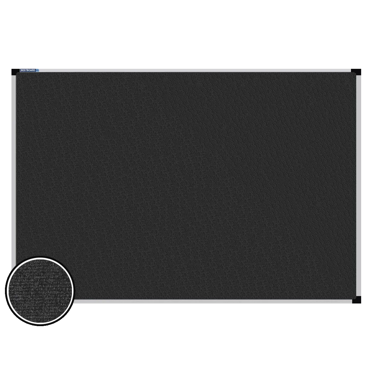 This image shows a rectangular carpet pin board with a silver frame. The corners of the frame are reinforced with black plastic. A close-up inset in the bottom-left corner highlights the detailed woven texture of the material