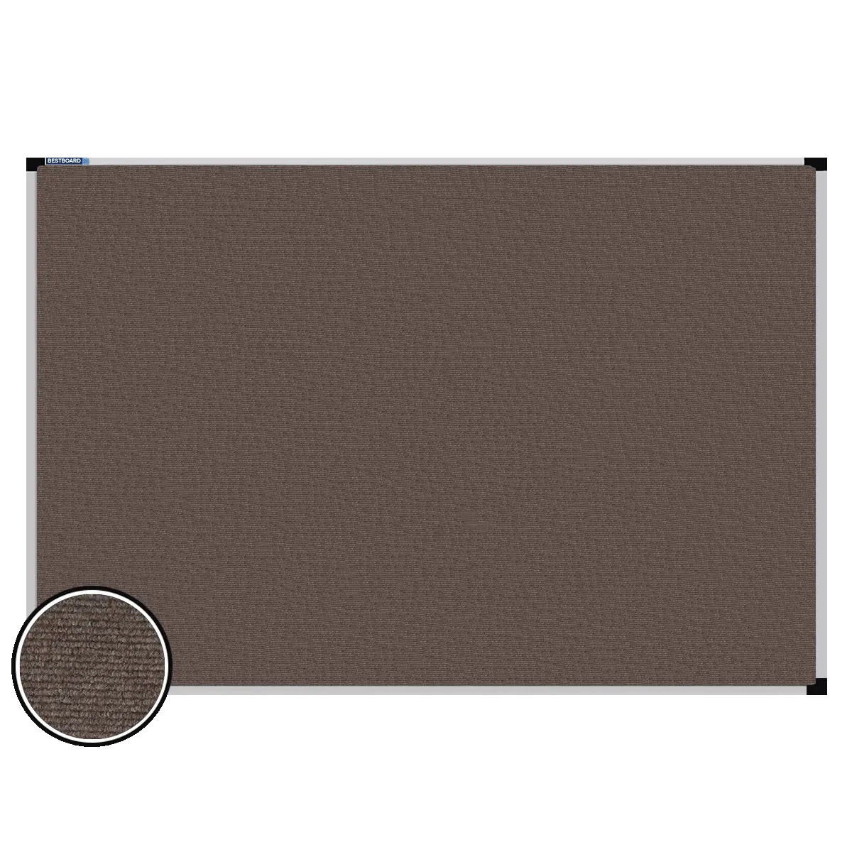 This image shows a rectangular carpet pin board with a silver frame. The corners of the frame are reinforced with black plastic. A close-up inset in the bottom-left corner highlights the detailed woven texture of the material