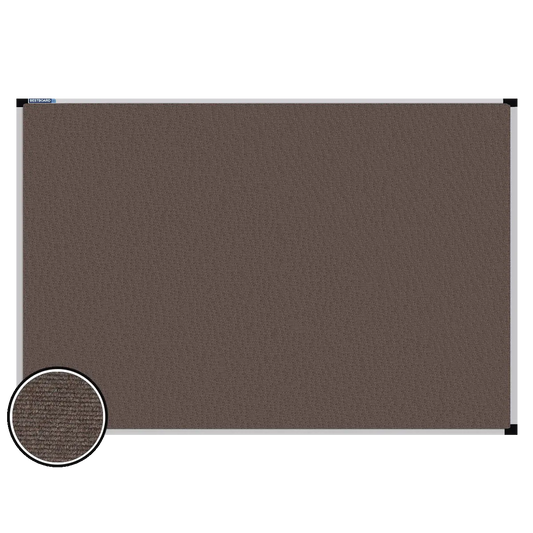 This image shows a rectangular carpet pin board with a silver frame. The corners of the frame are reinforced with black plastic. A close-up inset in the bottom-left corner highlights the detailed woven texture of the material