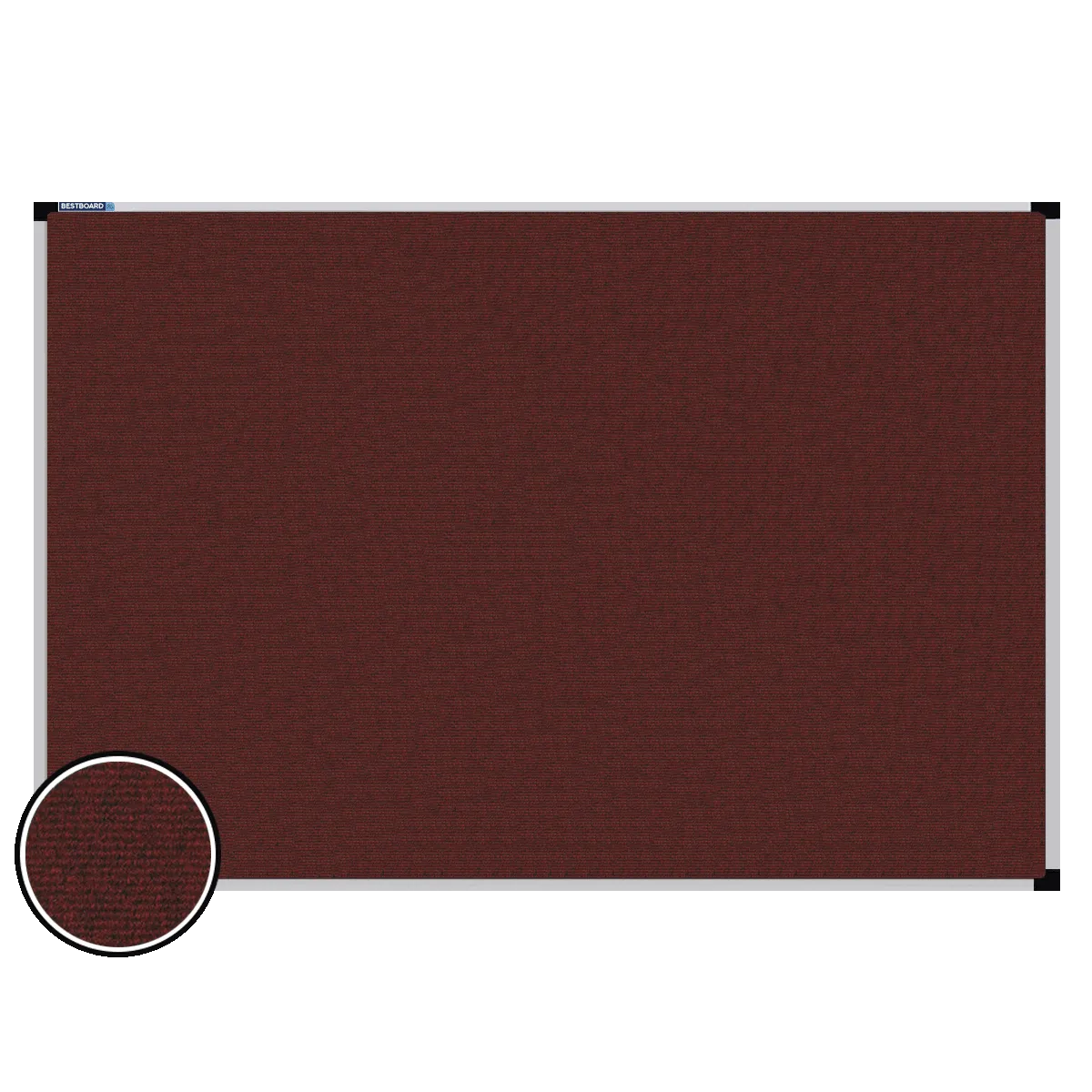 This image shows a rectangular carpet pin board with a silver frame. The corners of the frame are reinforced with black plastic. A close-up inset in the bottom-left corner highlights the detailed woven texture of the material