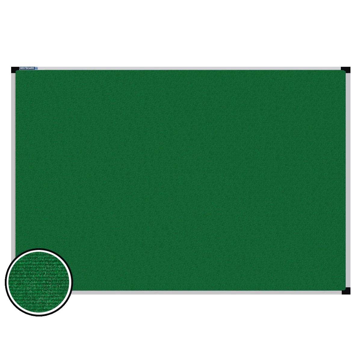 This image shows a rectangular carpet pin board with a silver frame. The corners of the frame are reinforced with black plastic. A close-up inset in the bottom-left corner highlights the detailed woven texture of the material