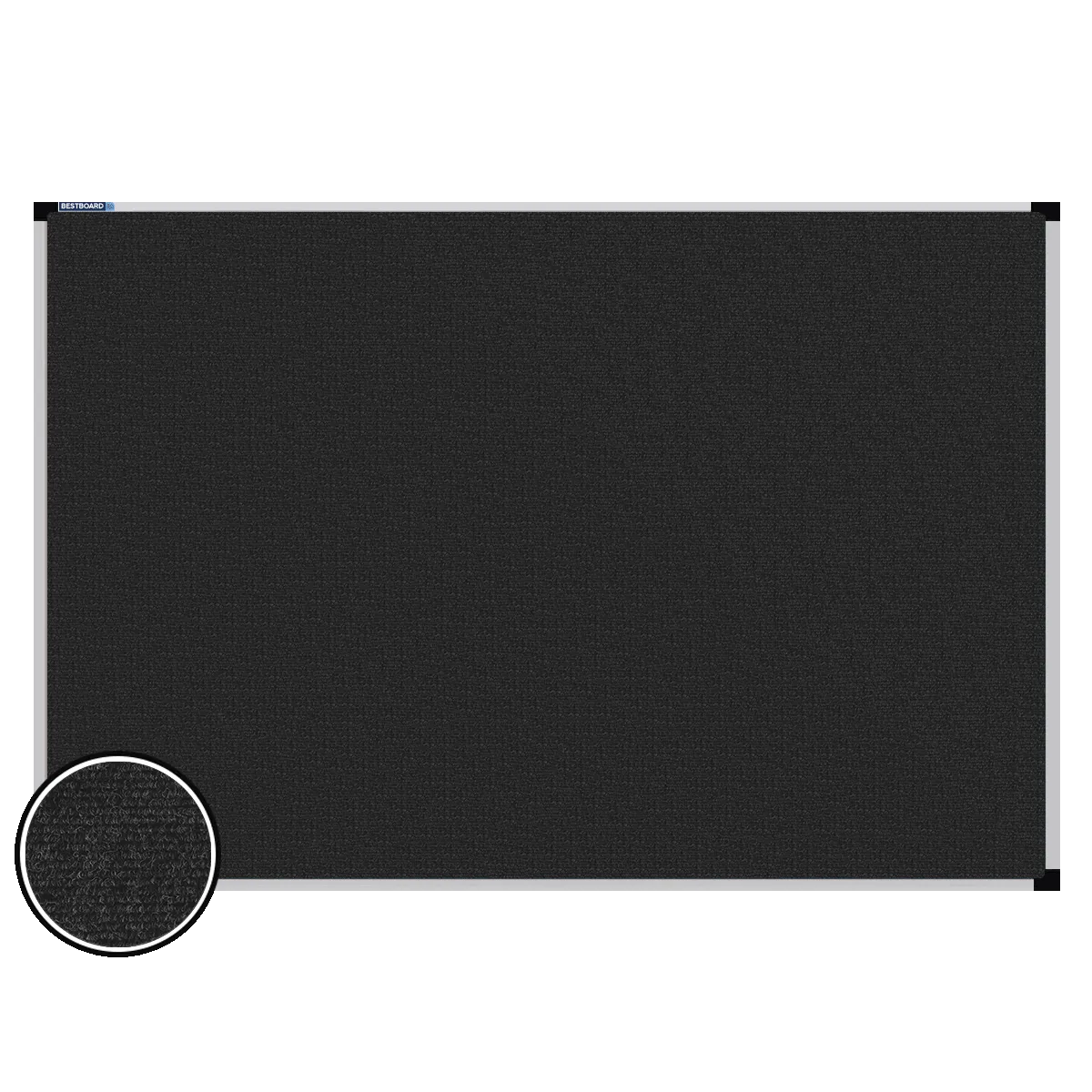This image shows a rectangular carpet pin board  with a silver frame. The corners of the frame are reinforced with black plastic. A close-up inset in the bottom-left corner highlights the detailed woven texture of the material