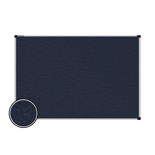 This image shows a rectangular carpet pin board  with a silver frame. The corners of the frame are reinforced with black plastic. A close-up inset in the bottom-left corner highlights the detailed woven texture of the material