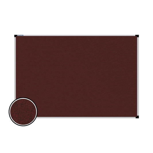 This image shows a rectangular carpet pin board  with a silver frame. The corners of the frame are reinforced with black plastic. A close-up inset in the bottom-left corner highlights the detailed woven texture of the material