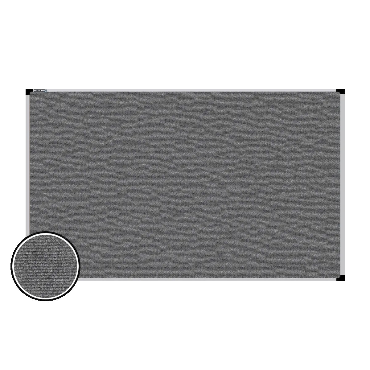 This image shows a rectangular carpet pin board with a silver frame. The corners of the frame are reinforced with black plastic. A close-up inset in the bottom-left corner highlights the detailed woven texture of the material