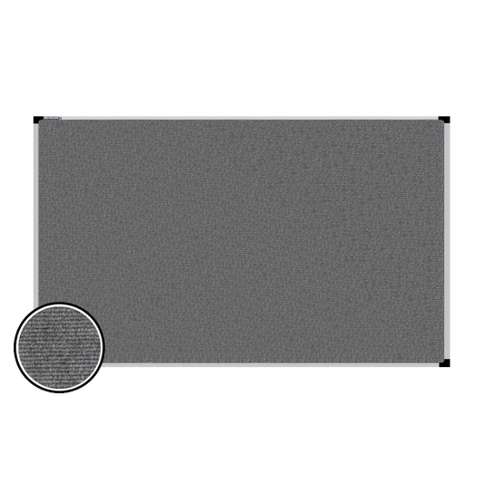 This image shows a rectangular carpet pin board  with a silver frame. The corners of the frame are reinforced with black plastic. A close-up inset in the bottom-left corner highlights the detailed woven texture of the material