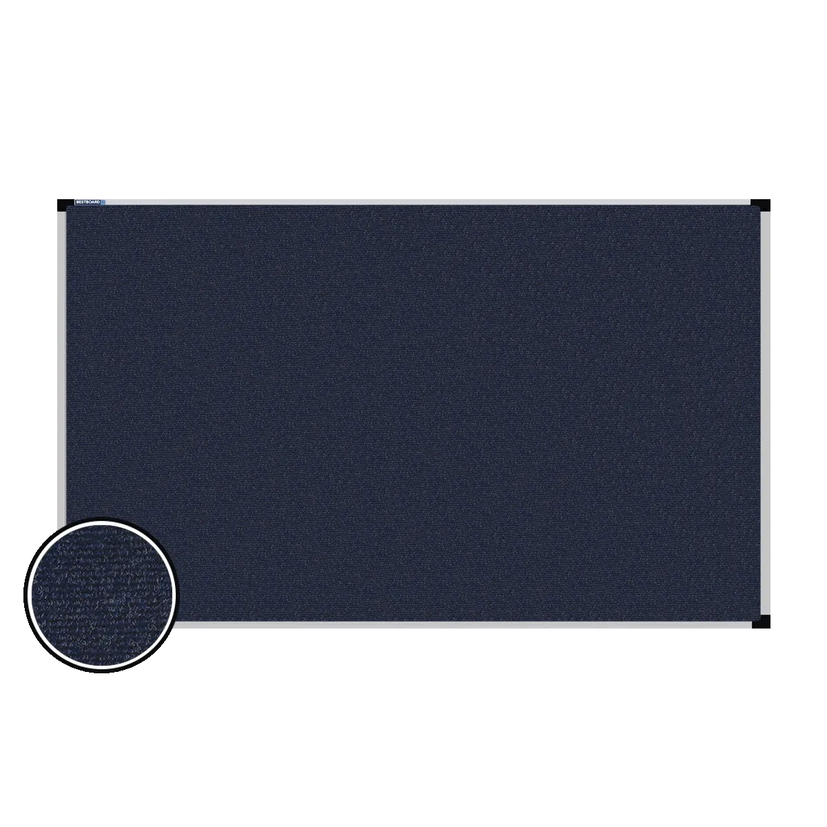 This image shows a rectangular carpet pin board with a silver frame. The corners of the frame are reinforced with black plastic. A close-up inset in the bottom-left corner highlights the detailed woven texture of the material