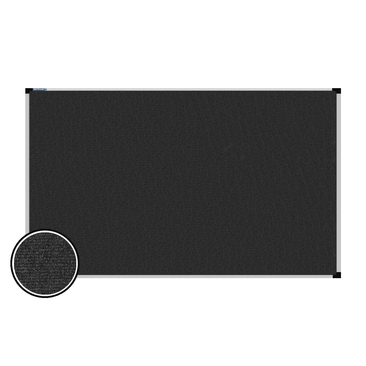 This image shows a rectangular carpet pin board with a silver frame. The corners of the frame are reinforced with black plastic. A close-up inset in the bottom-left corner highlights the detailed woven texture of the material