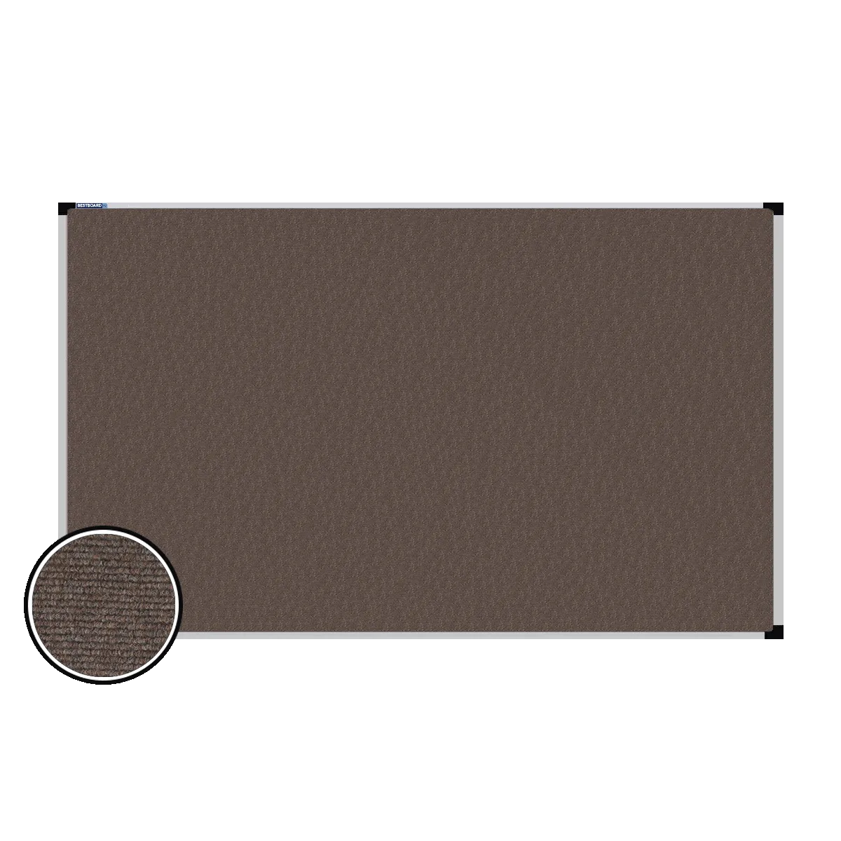 This image shows a rectangular carpet pin board with a silver frame. The corners of the frame are reinforced with black plastic. A close-up inset in the bottom-left corner highlights the detailed woven texture of the material